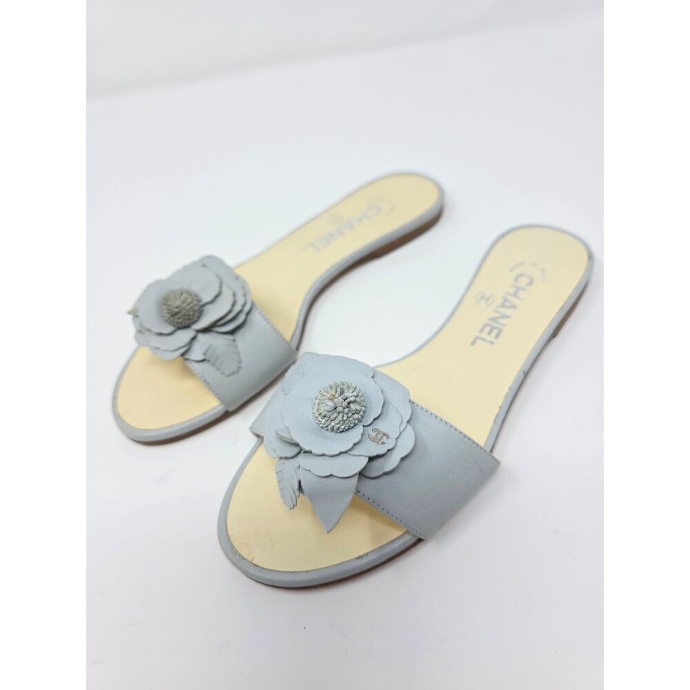 Chanel Camellia Flower CC Logo Sandals Blue Gray Day Leather Slides 36 US 5.5